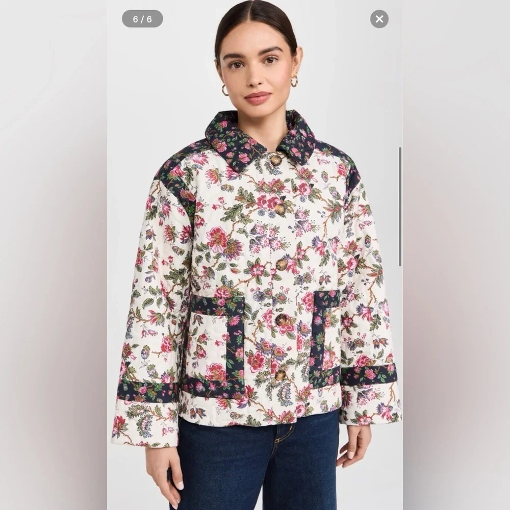NWT Rhode Emil Jacket Quilted Black Pink Floral Button Coat Small - Picture 2 of 11